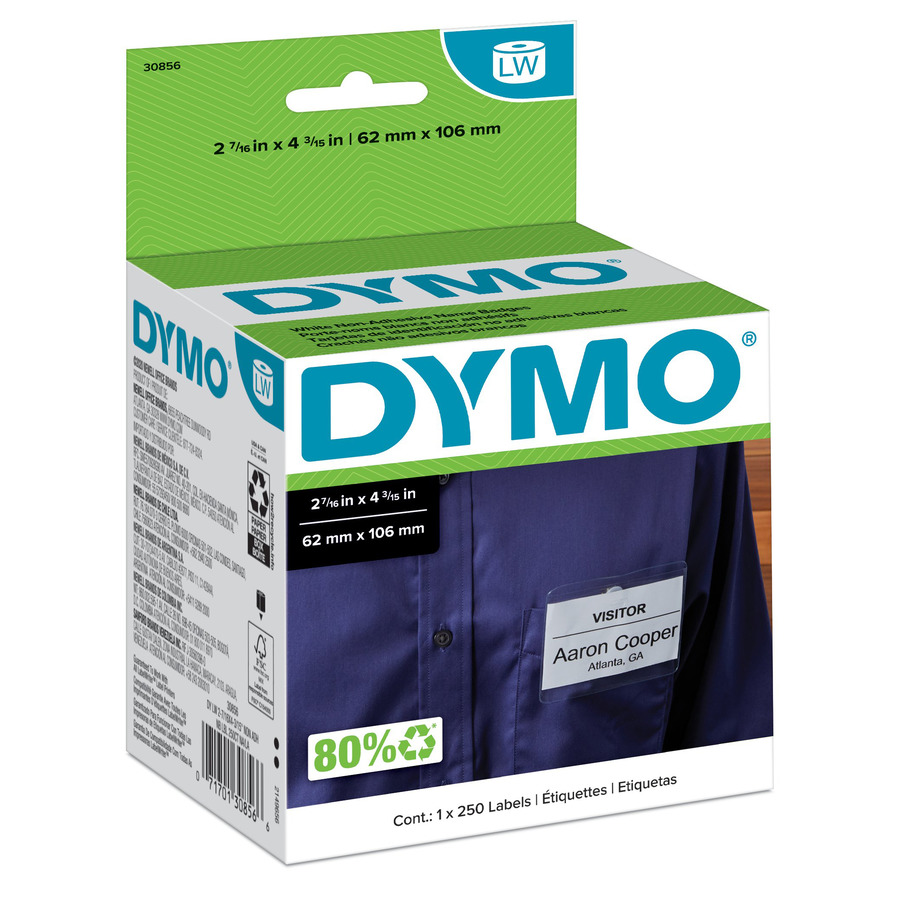 DYMO 30856 LabelWriter Name Badge Labels, Non-Adhesive, White 2-7/16" x 4-3/15", 250/Ct