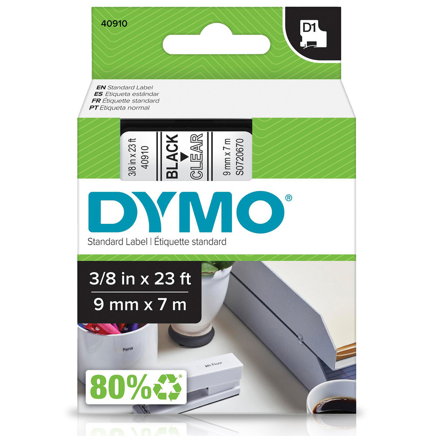 DYMO 40910 Labeling Tape, Standard D1 Cartridge, 0.35" x 23', Clear/Black Print, LabelManager Series