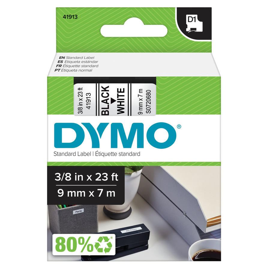 DYMO 41913 Labeling Tape, Standard D1 Cartridge, 0.35" x 23', White/Black Print, LabelManager Series