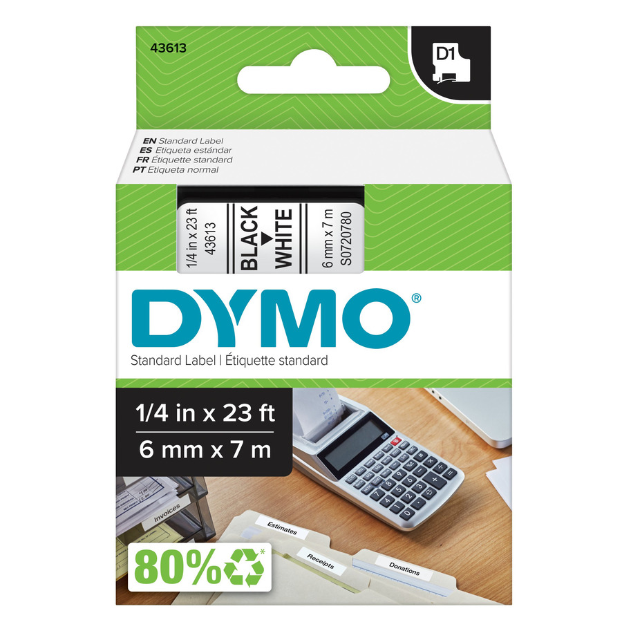 DYMO 43613 Labeling Tape, Standard D1 Cartridge, 0.25" x 23', White/Black Print, LabelManager Series