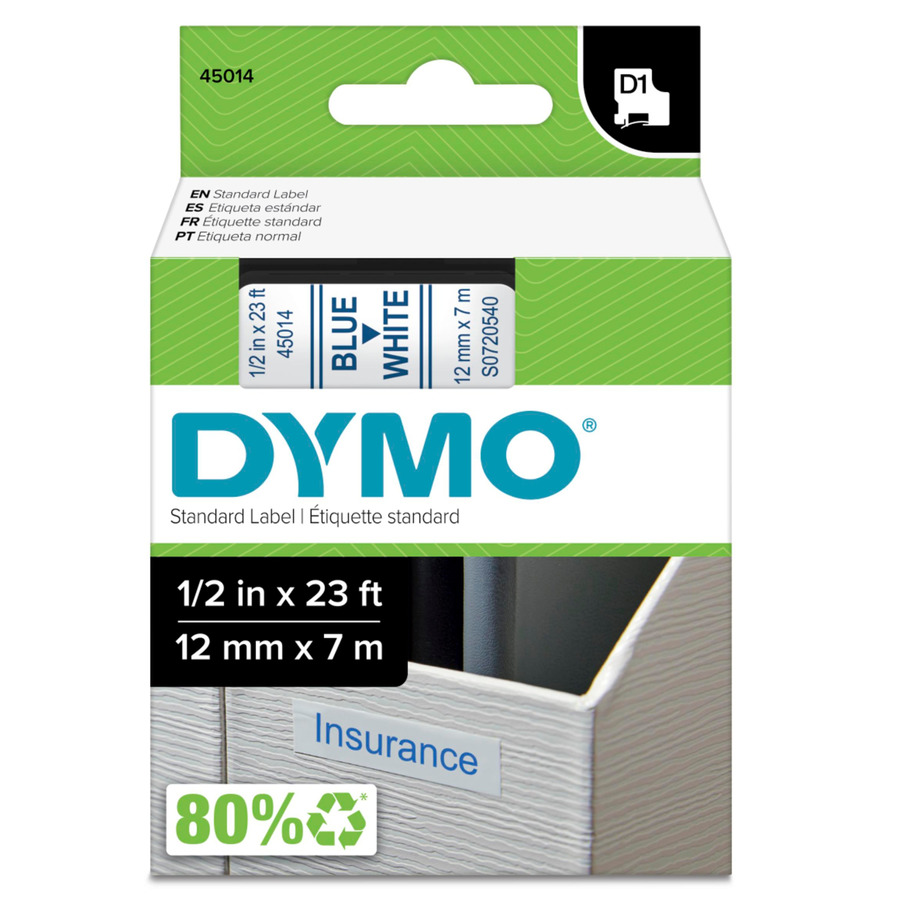 DYMO 45014 Labeling Tape, Standard D1 Cartridge, 0.5" x 23', White/Blue Print, LabelManager Series