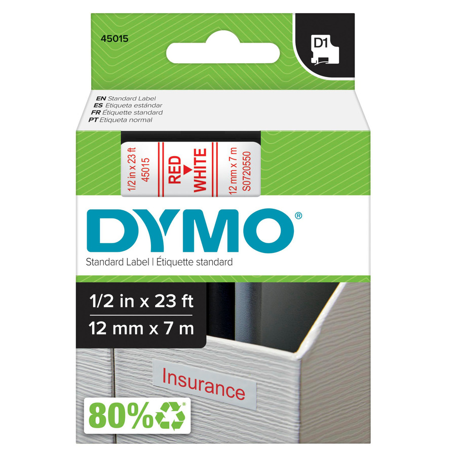 DYMO 45015 Labeling Tape, Standard D1 Cartridge, 0.5" x 23', White/Red Print, LabelManager Series