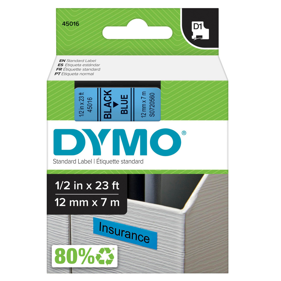 DYMO 45016 Labeling Tape, Standard D1 Cartridge, 0.5" x 23', Blue/Black Print, LabelManager Series