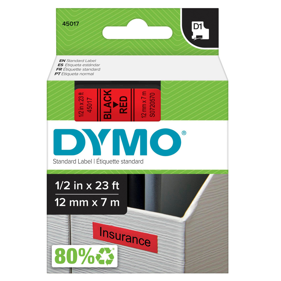 DYMO 45017 Labeling Tape, Standard D1 Cartridge, 0.5" x 23', Red/Black Print, LabelManager Series