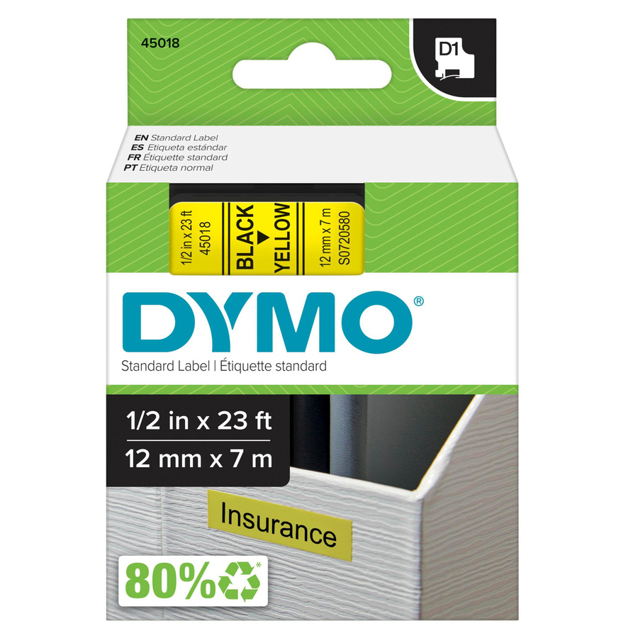 DYMO 45018 Labeling Tape, Standard D1 Cartridge, 0.5" x 23', Yellow/Black Print, LabelManager Series