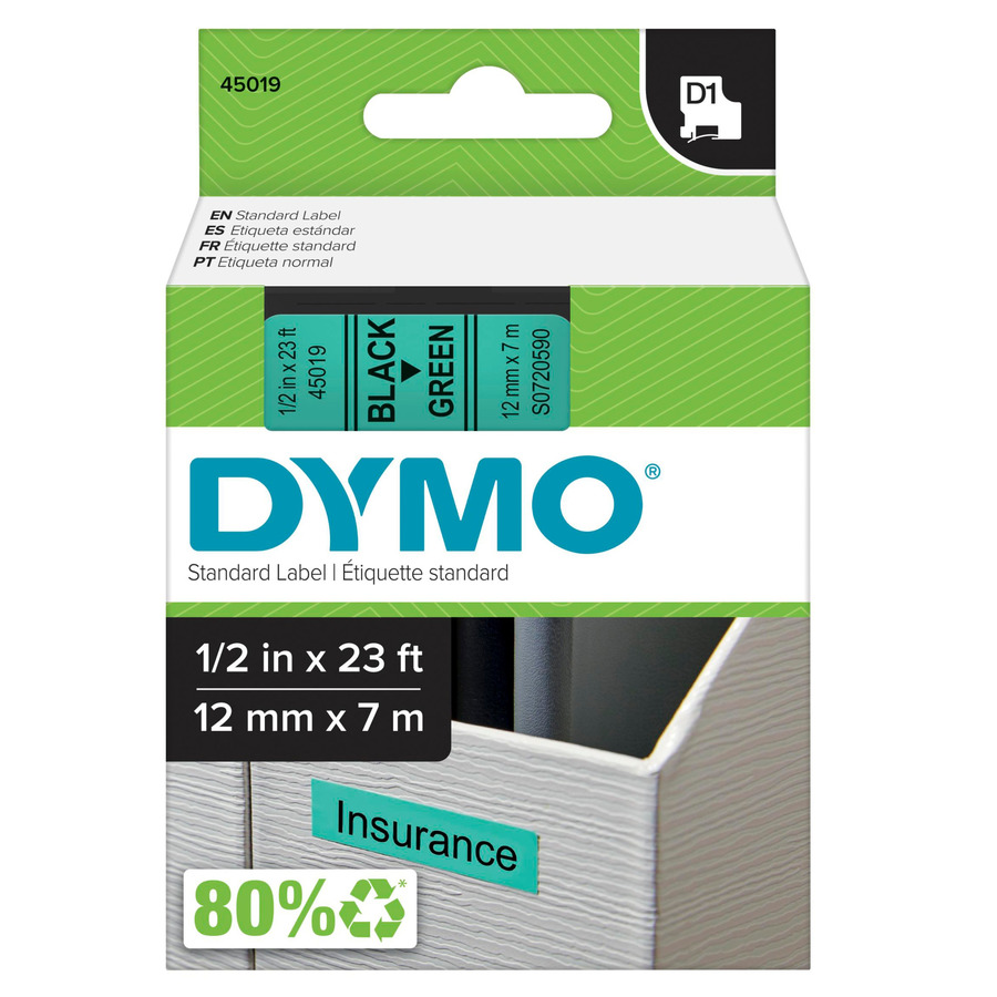 DYMO 45019 Labeling Tape, Standard D1 Cartridge, 0.5" x 23', Green/Black Print, LabelManager Series