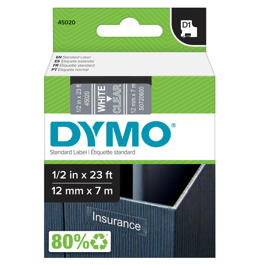 DYMO 45020 Labeling Tape, Standard D1 Cartridge, 0.5" x 23', Clear/White Print, LabelManager Series