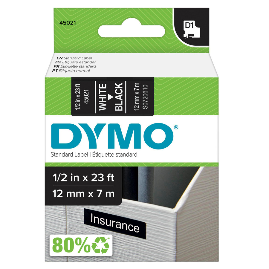 DYMO 45021 Labeling Tape, Standard D1 Cartridge, 0.5" x 23', Black/White Print, LabelManager Series