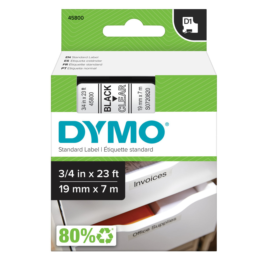 DYMO 45800 Labeling Tape, Standard D1 Cartridge, 0.75" x 23', Clear/Black Print, LabelManager Series