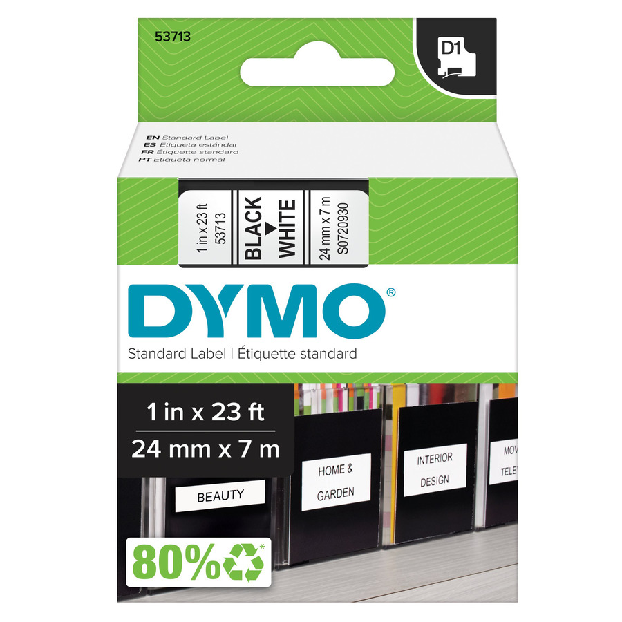 DYMO 53713 Labeling Tape, Standard D1 Cartridge, 1" x 23', White/Black Print, LabelManager Series