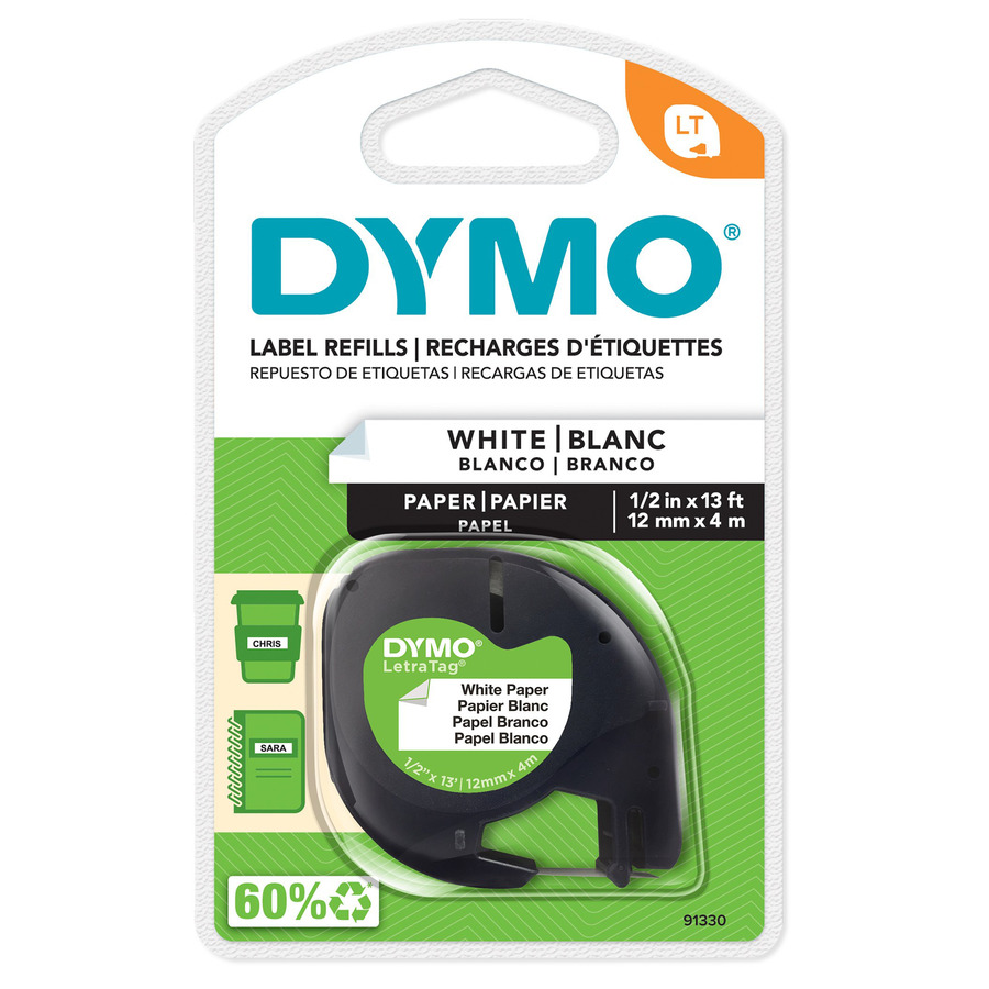 DYMO 91330 LetraTag Labeling Tape, Paper, 0.5" x 13", White/Black Print