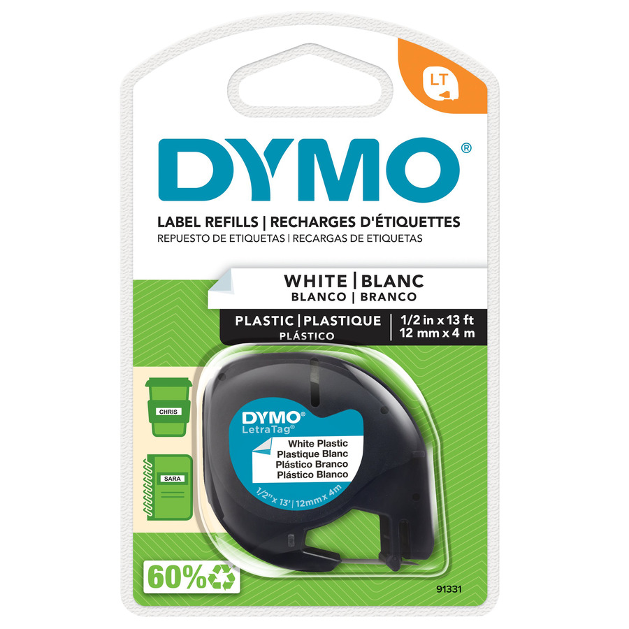 DYMO 91331 LetraTag Labeling Tape, Plastic, 1/2" x 13', White/Black Print