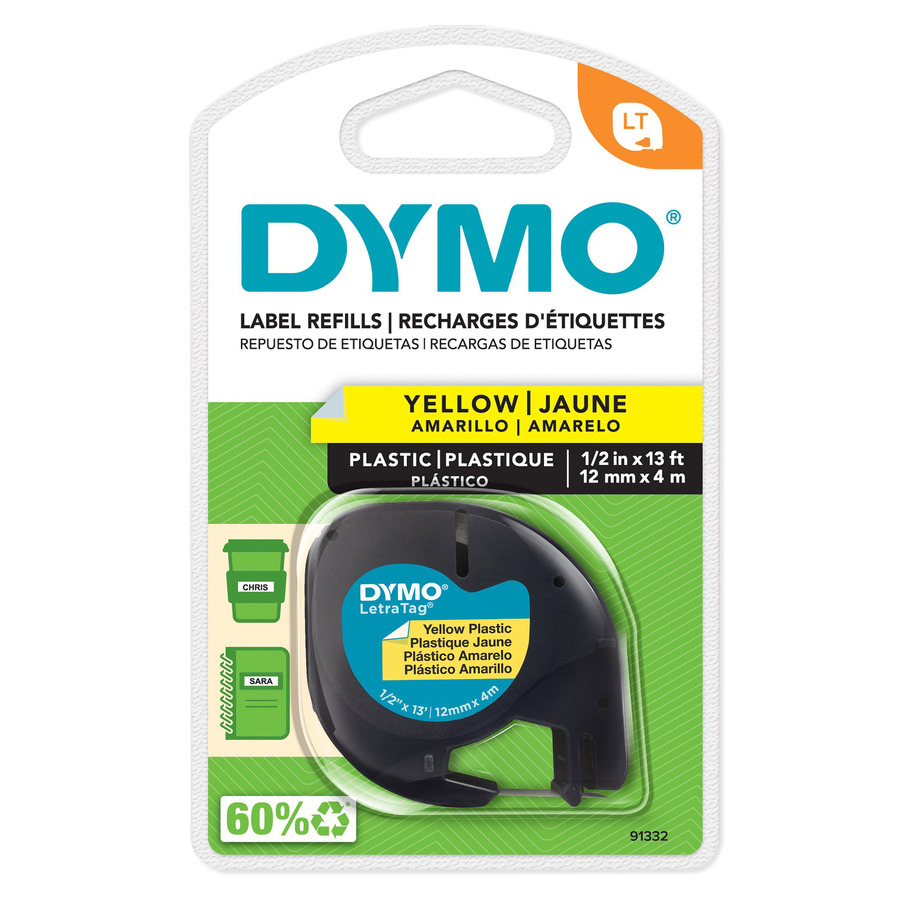 DYMO 91332 LetraTag Labeling Tape, Plastic, 1/2" x 13', Yellow/Black Print