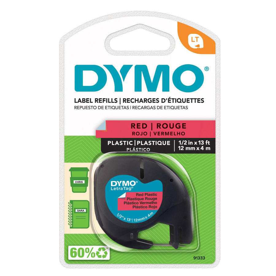 DYMO 91333 LetraTag Labeling Tape, Plastic, 1/2" x 13', Red/Black Print