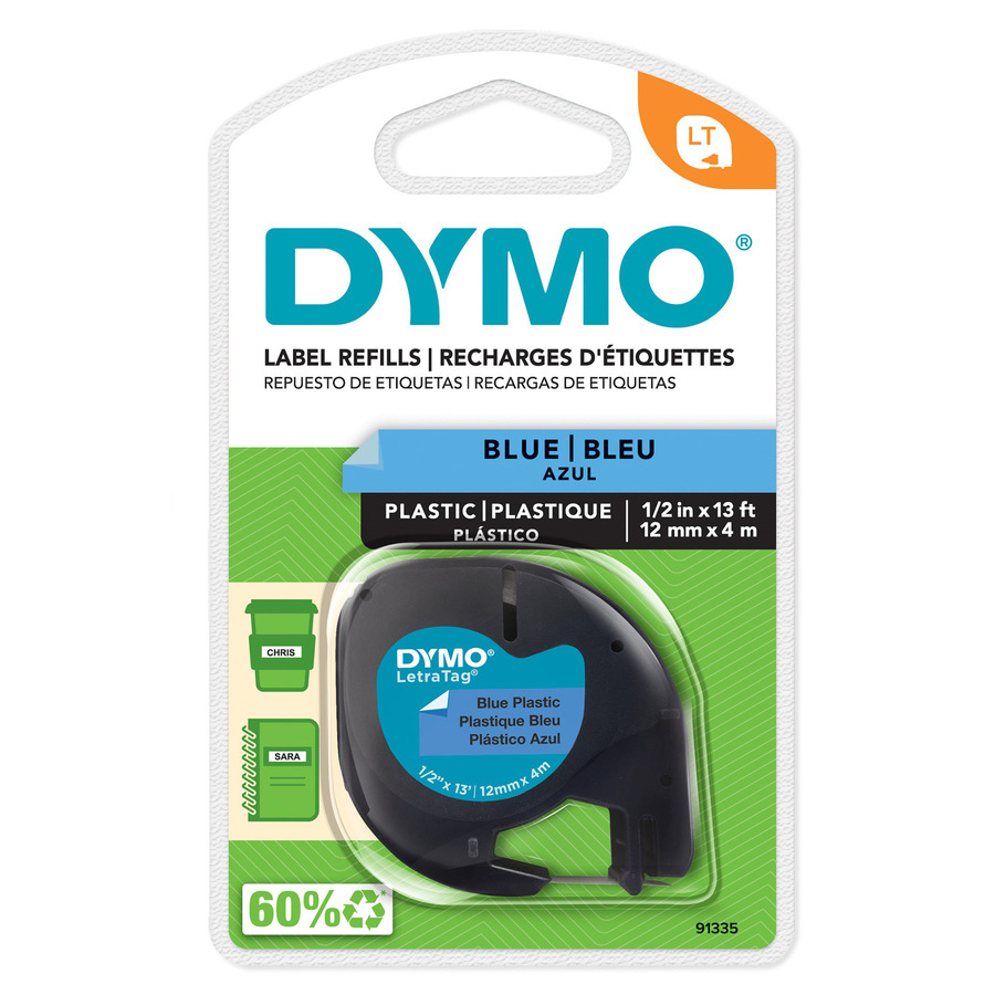 DYMO 91335 LetraTag Labeling Tape, Plastic, 1/2" x 13', Blue/Black Print