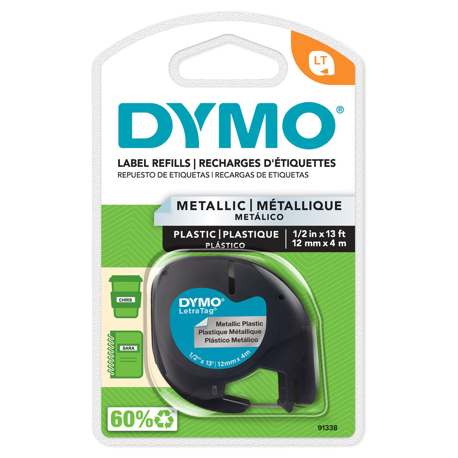 DYMO 91338 LetraTag Labeling Tape, Plastic, 1/2" x 13', Metallic Silver/Black Print