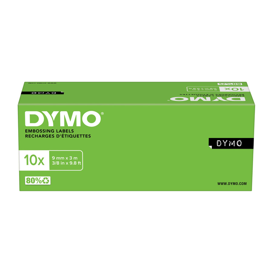 DYMO 520102 Labeling Tape, Embossing, Self-Adhesive, 3.3" x 12', Red, 10/Pk