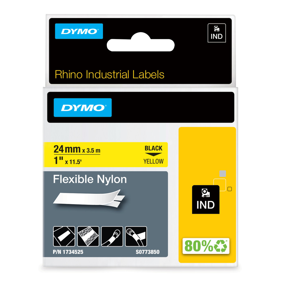 DYMO 1734525 Rhino Industrial Labels, Flexible Nylon, 1" x 11.5', Yellow/Black Print