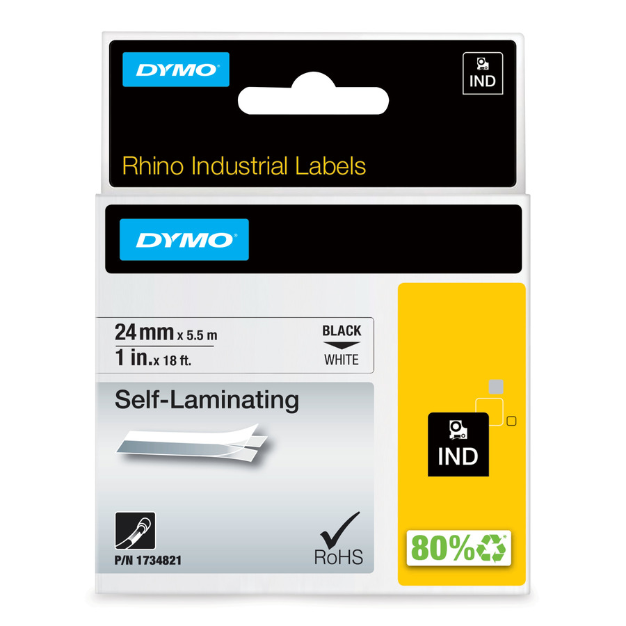 DYMO 1734821 Rhino Industrial Labels, Vinyl, Self Laminating, 1" x 18' White/Black Print