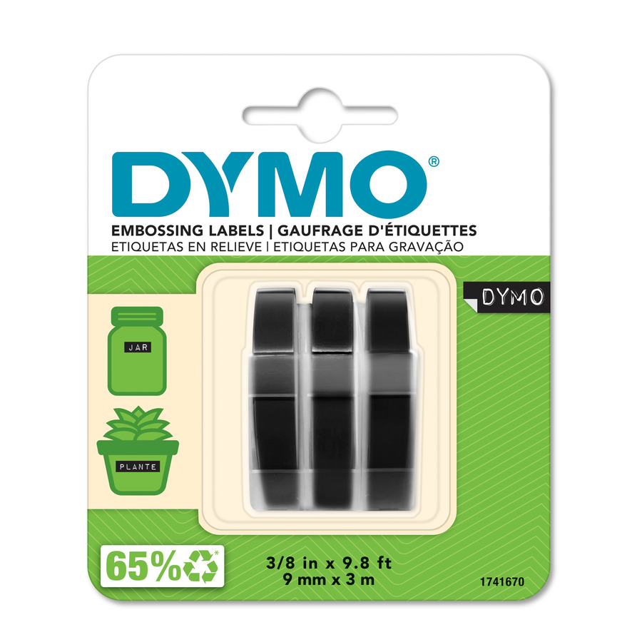 DYMO 1741670 Embossing Tape, 3/8" x 9.8', Black/White Print, 3/Pk