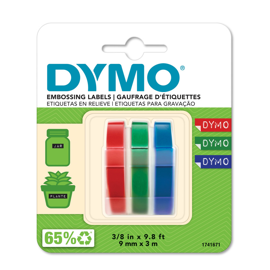 DYMO 1741671 Embossing Tape, 3/8" x 9.8', Red, Green, Blue, w/White Print, 3/Pk