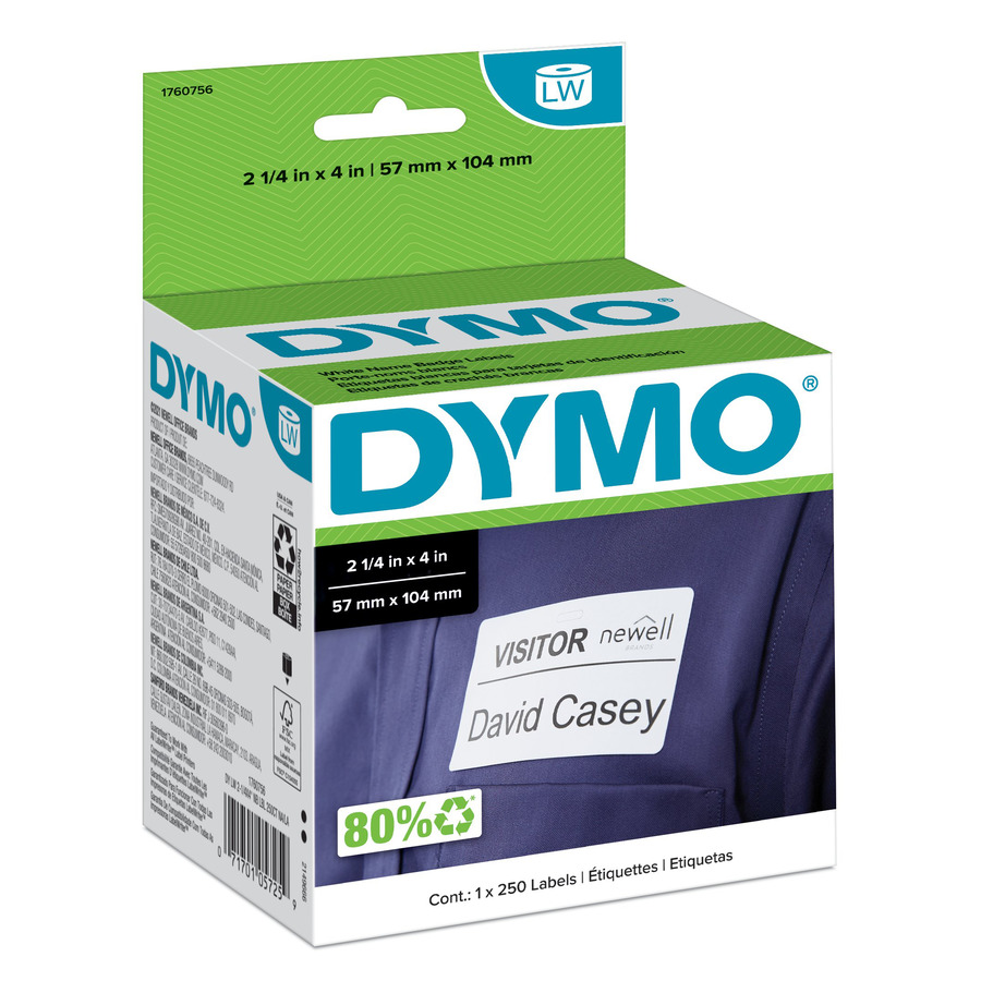 DYMO 1760756 LabelWriter Name Badge Label, Self-Adhesive, 2-1/4" x 4", White 250/Ct