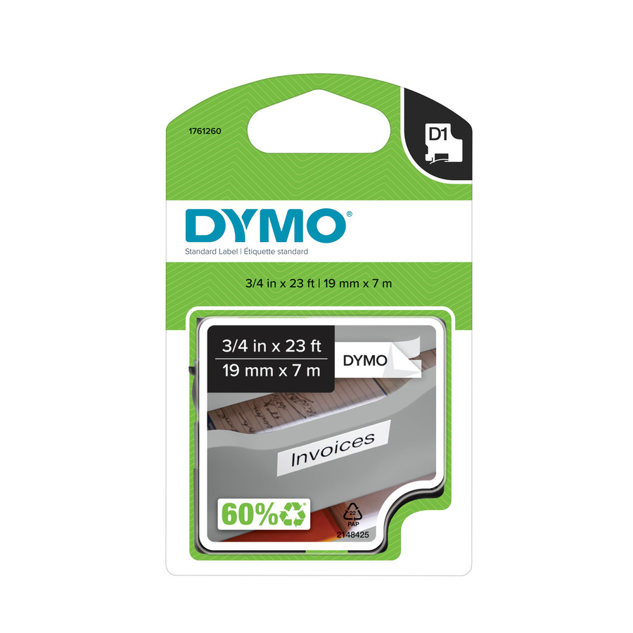 DYMO 1761260 Labeling Tape, Standard D1 Cartridge, 3/4" x 23' White/Black Print, LabelManager Series