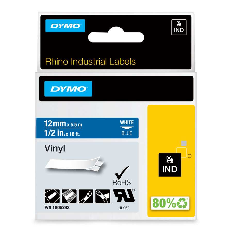 DYMO 1805243 Rhino Industrial Labels, Vinyl, 1/2" x 18', Blue/White Print