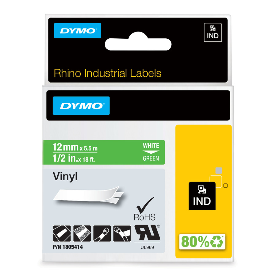 DYMO 1805414 Rhino Industrial Labels, Vinyl, 1/2" x 18', Green/White Print