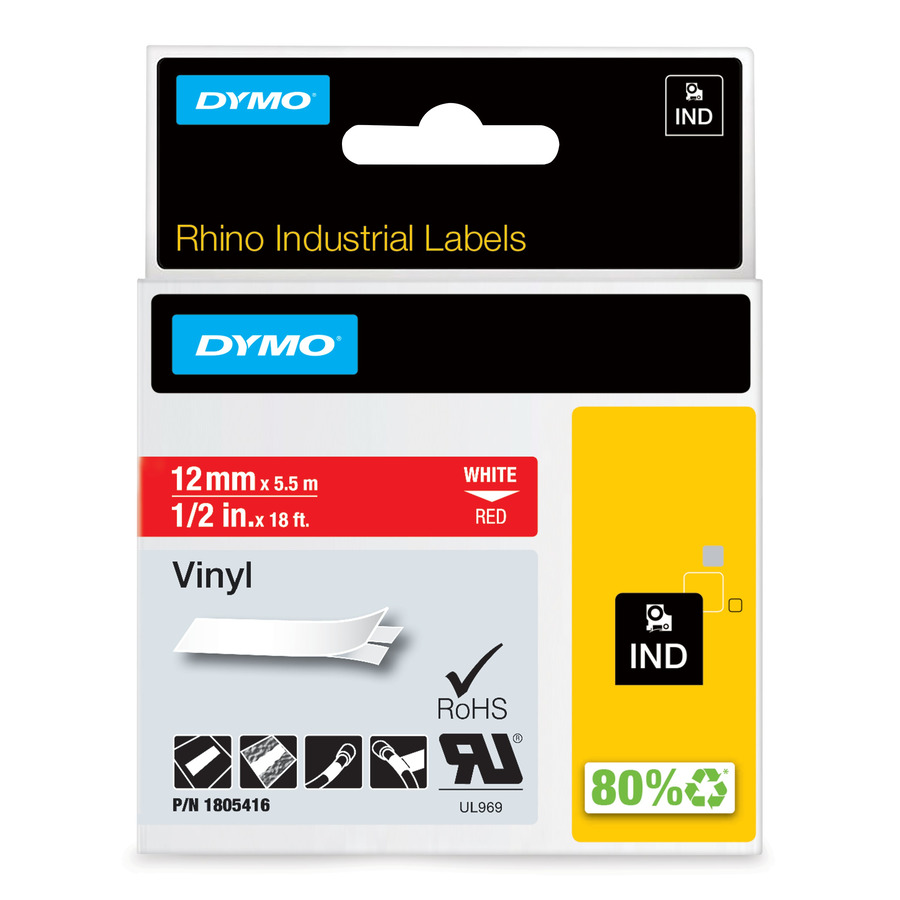 DYMO 1805416 Rhino Industrial Labels, Vinyl, 1/2" x 18', Red/White Print