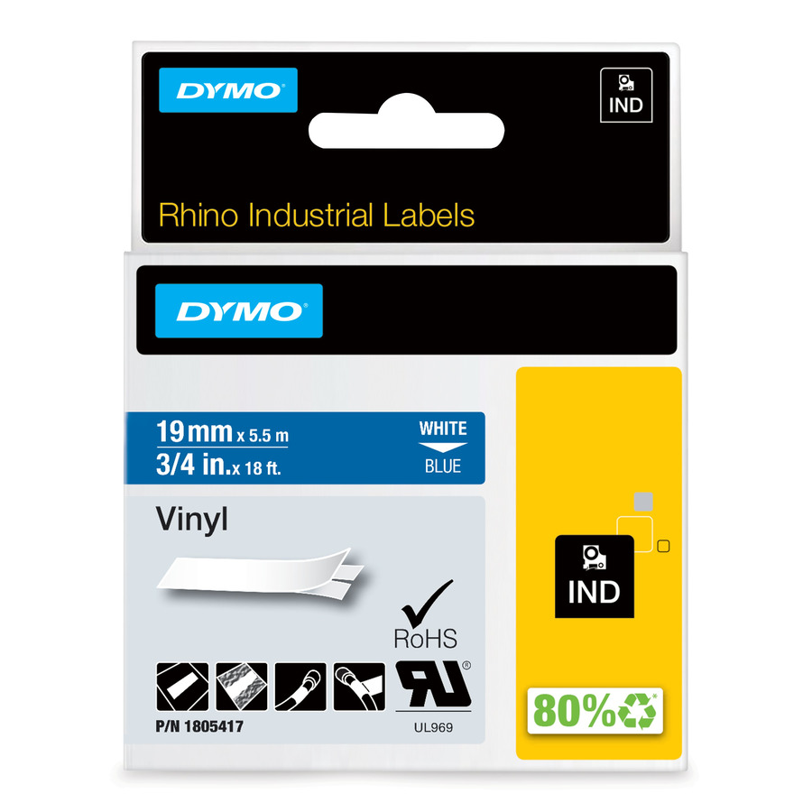 DYMO 1805417 Rhino Industrial Labels, Vinyl, 3/4" x 18', Blue/White Print