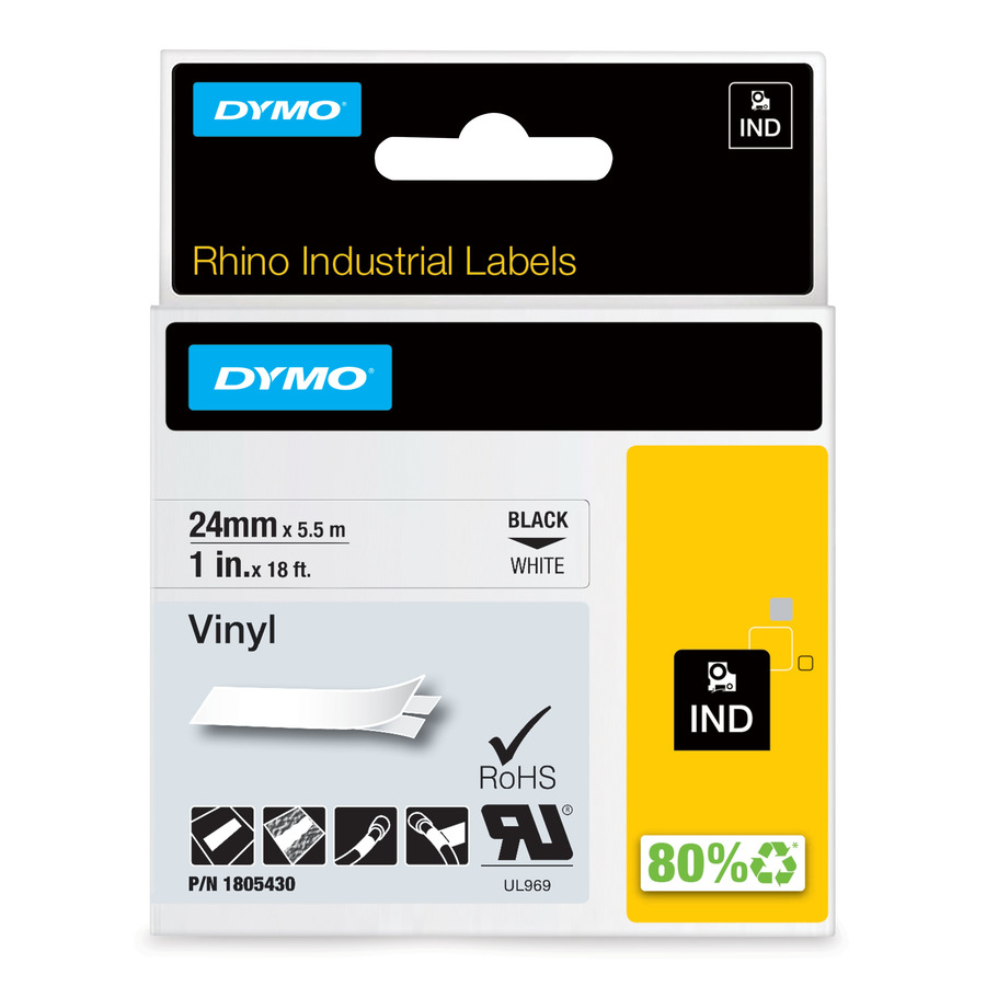 DYMO 1805430 Rhino Industrial Labels, Vinyl, 1" x 18', White/Black Print