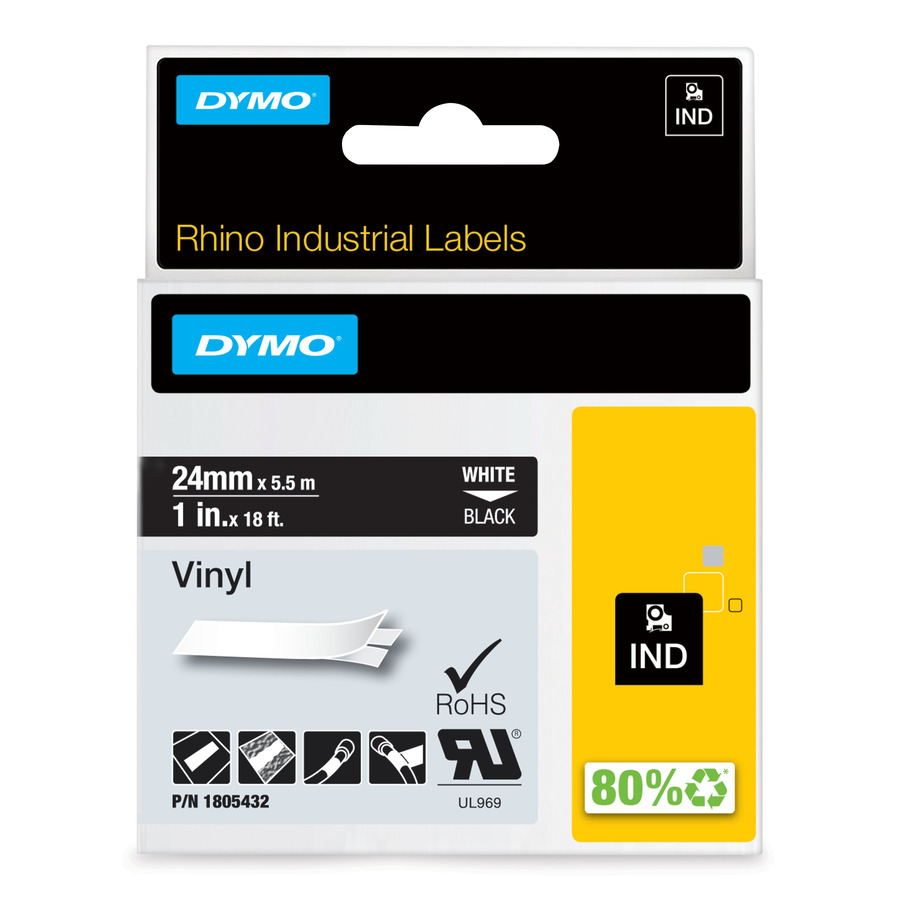 DYMO 1805432 Rhino Industrial Labels, Vinyl, 1" x 18', Black/White Print