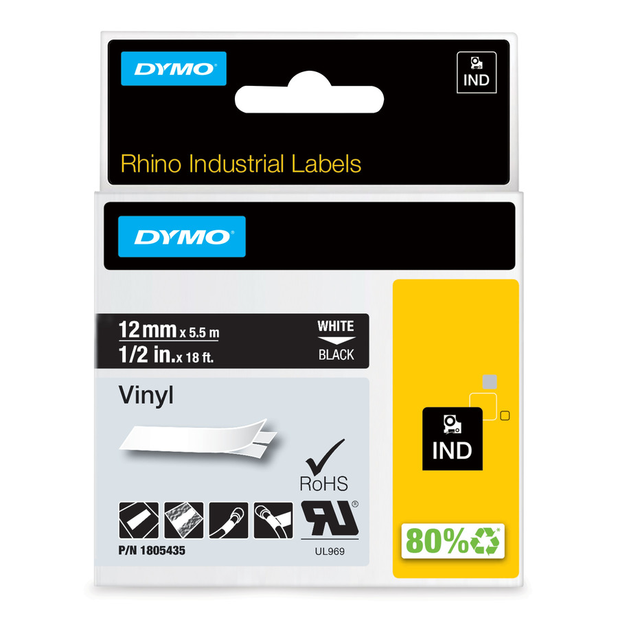 DYMO 1805435 Rhino Industrial Labels, Vinyl, 1/2" x 18', Black/White Print