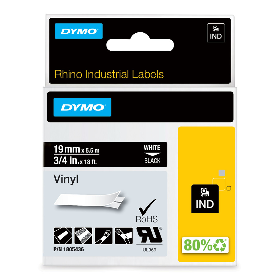 DYMO 1805436 Rhino Industrial Labels, Vinyl, 3/4" x 18', Black/White Print