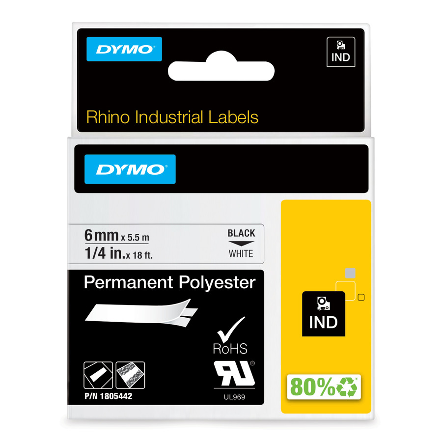 DYMO 1805442 Rhino Industrial Labels, Permanent Polyester, 1/4" x 18', White/Black Print