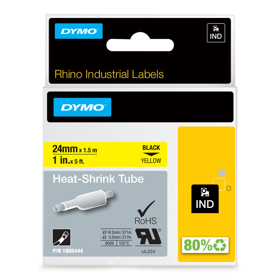 DYMO 1805444 Rhino Industrial Heat Shrink Tube, 1"x 5', Yellow/Black