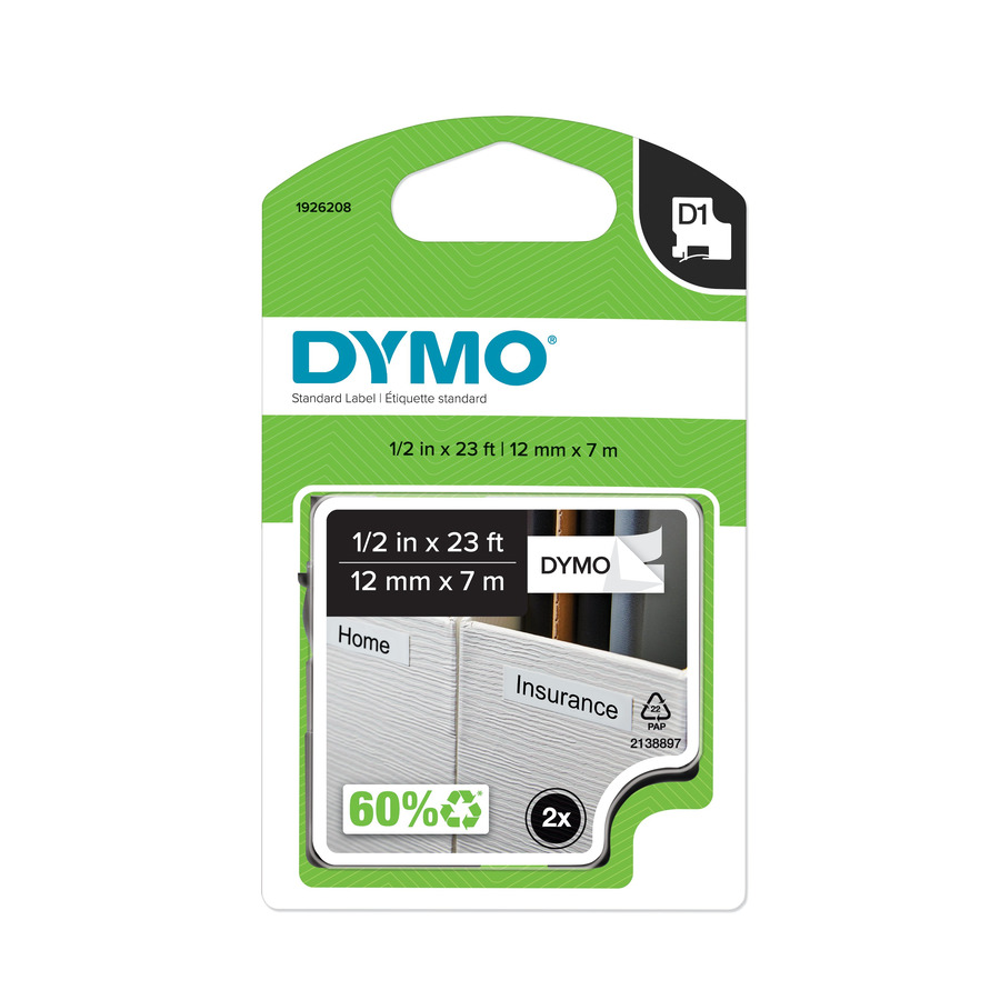 DYMO 1926208 Labeling Tape, Standard D1 Cartridge, Polyester, 1/2" x 23', White/Black Print, 2Pk, LabelManager Series