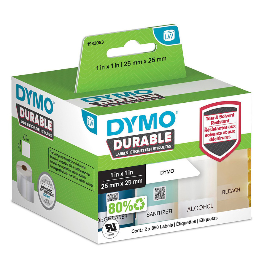 DYMO 1933083 LabelWriter Industrial Labels, Durable, 1" x 1", White, 2/roll, 850 labels