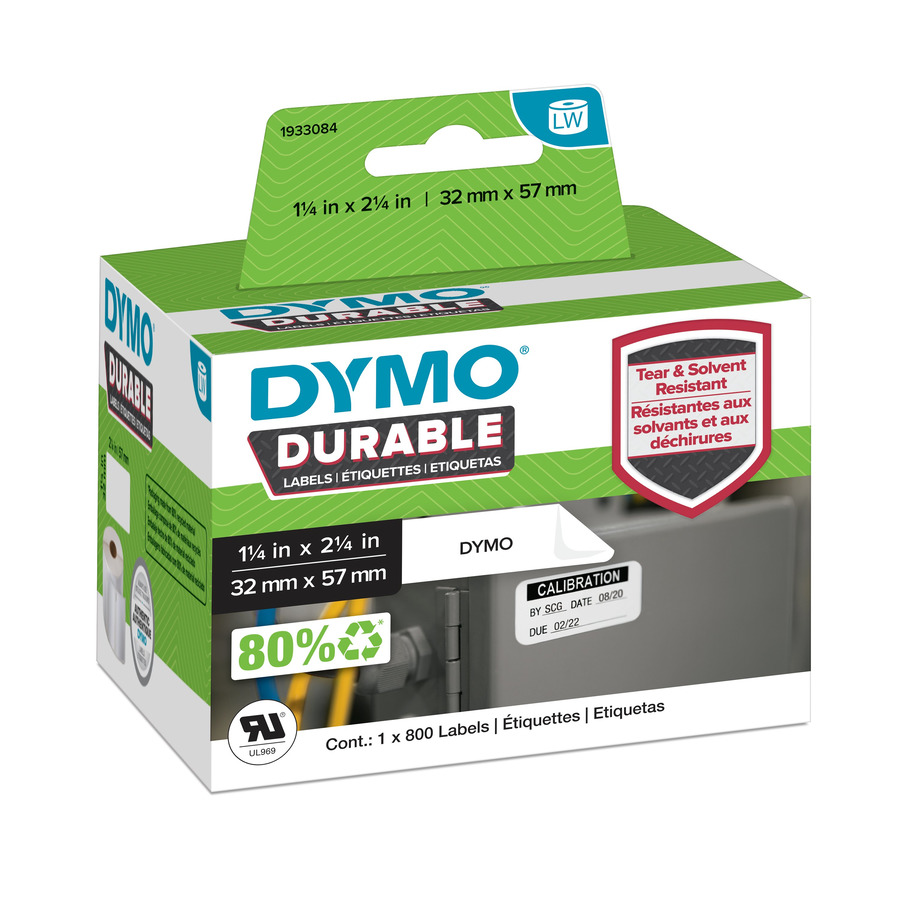 DYMO 1933084 LabelWriter Industrial Labels, Durable, 2-1/4" x 1-1/4", White, 2/roll, 850 labels