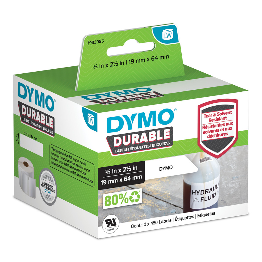 DYMO 1933085 LabelWriter Industrial Labels, Durable, 3/4" x 2-1/2", White, 2/roll, 900 labels