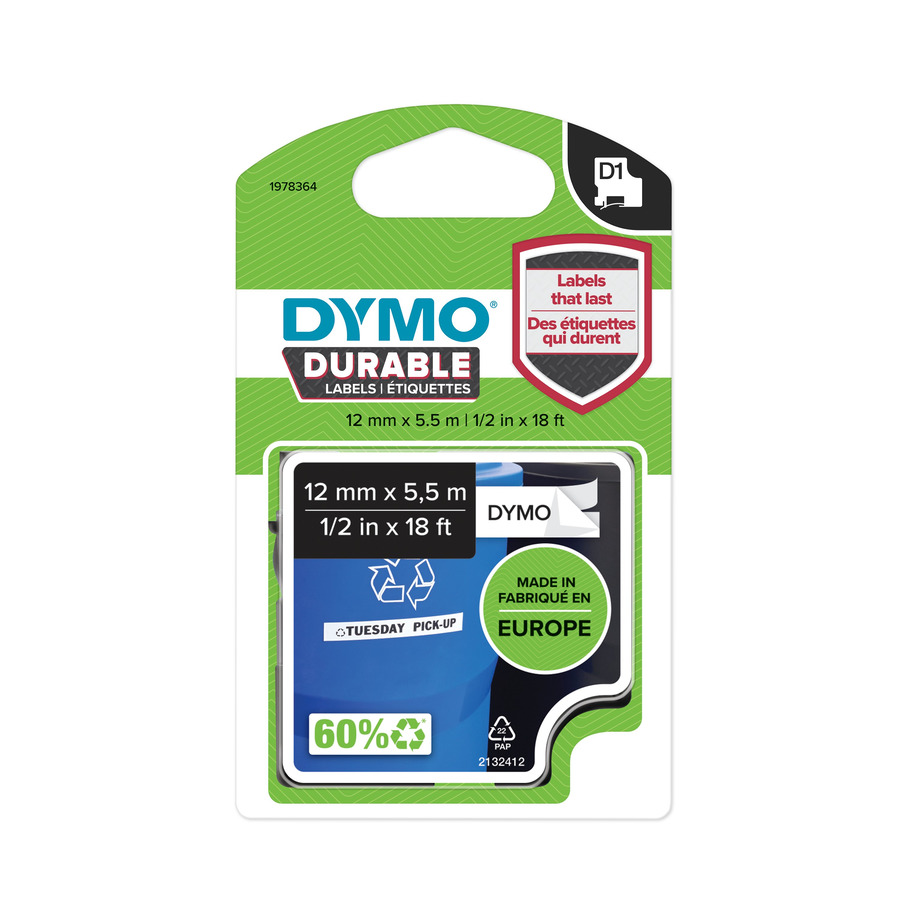 DYMO 1978364 Labeling Tape, D1 Cartridge, Durable Labels, 1/2" x 18', White/Black Print, LabelManager Series