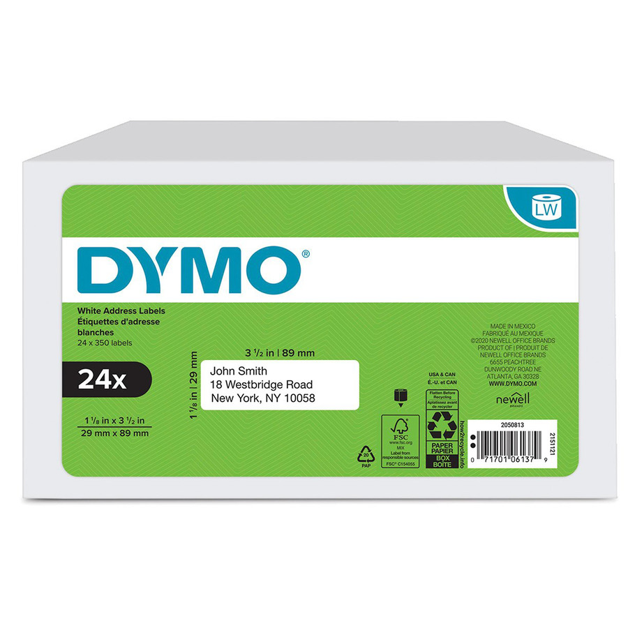 DYMO 2050813 LabelWriter Address Labels, 1-1/8" x 3-1/2", White, 350/Ct, 24/Pk