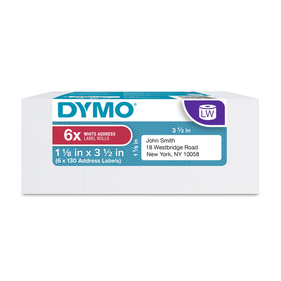 DYMO 2050818 LabelWriter Address Labels, 1-1/8" x 3-1/2", White, 130/Ct, 6/Pk