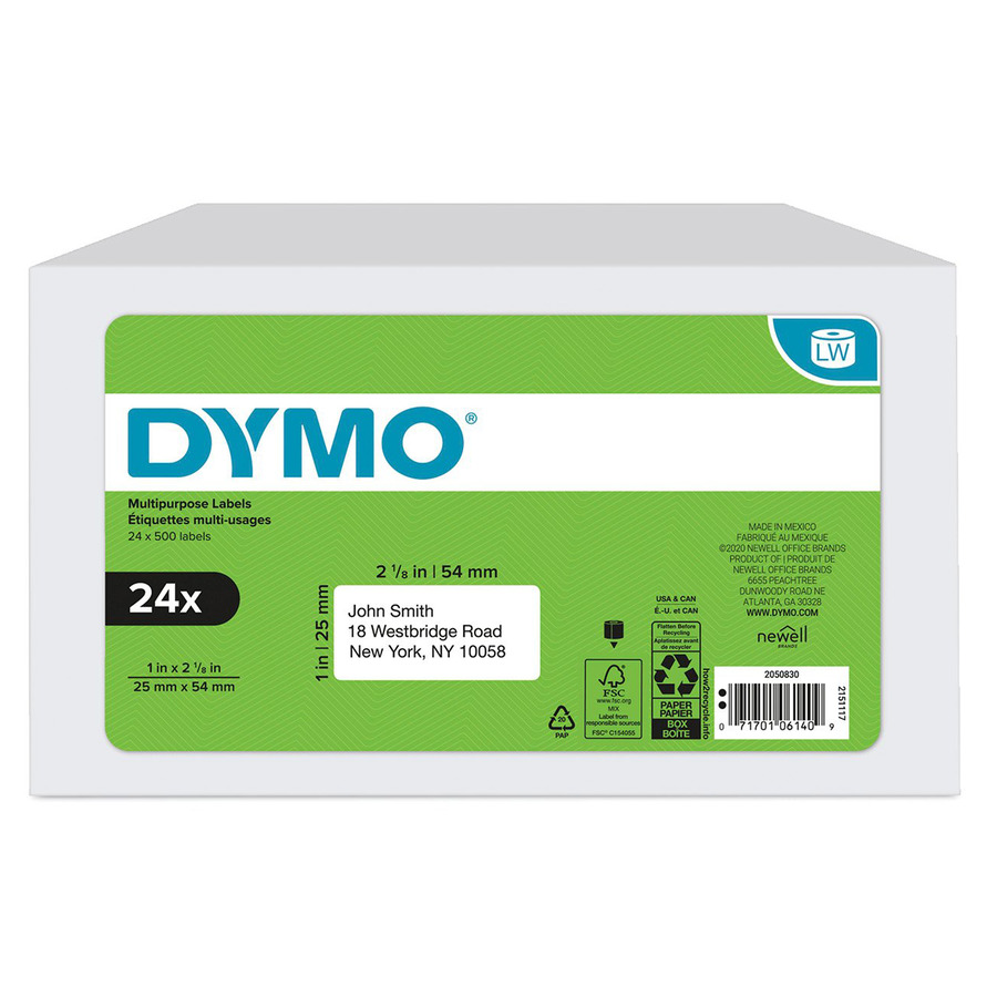 DYMO 2050830 LabelWriter Multi-Purpose, 1" x 2-1/8", White, 500/Ct, 24/Pk