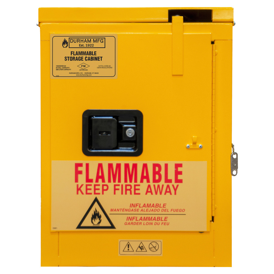 Durham Mfg 1004S-50 Flammable Storage Cabinet, 4 Gal, 1 Door/Shelf, Self-Close, Yellow FM Approved