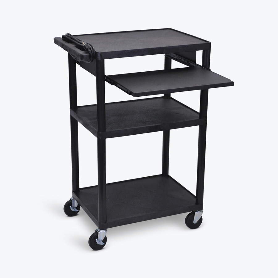 Luxor LP42LE-B AV Cart - 3 Shelf, with Front Pullout Tray & Power Strip, 24"x32"x42"H, Black