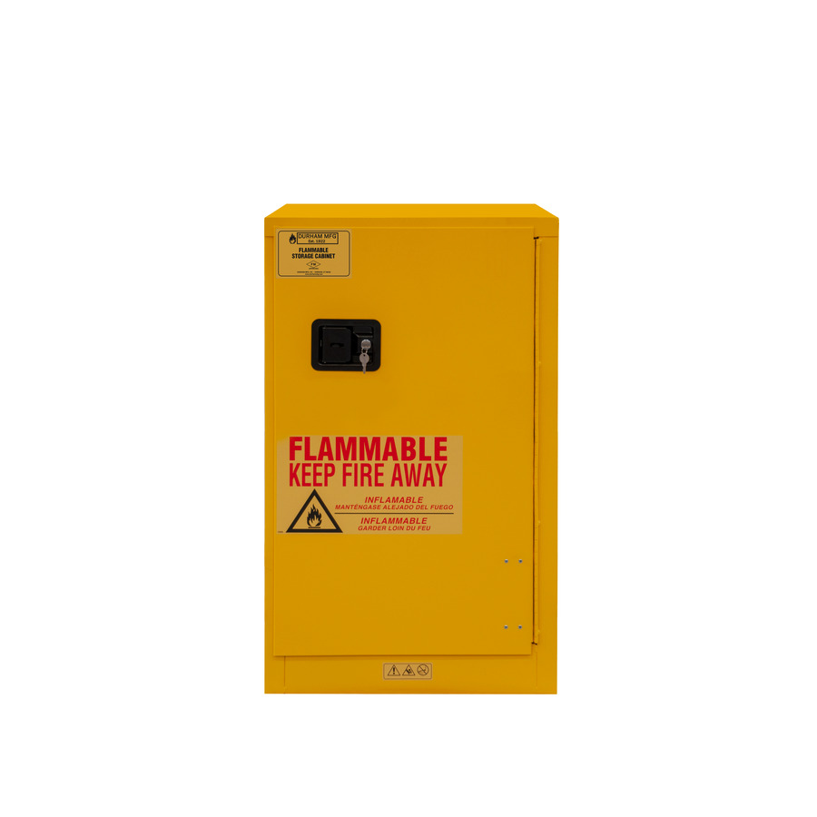 Durham Mfg 1016M-50 Flammable Storage Cabinet, 16 Gal, 1 SF/1 Door, Manual, 23"x18"x44" Yellow