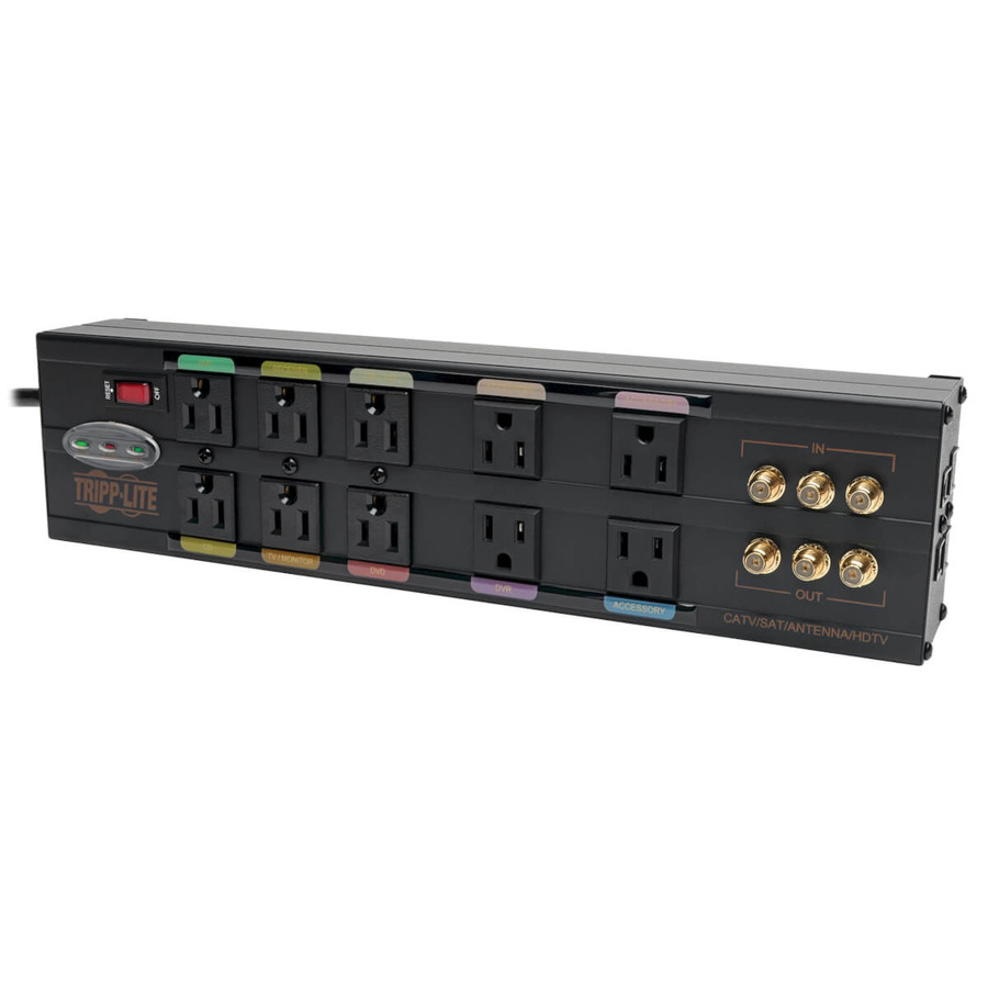 Tripp Lite HT10DBS Isobar 10-Outlet Home/Business Theater Surge Protector, 8 ft. Cord with Right-Angle Plug, 3840 Joules, LEDs, Metal Housing