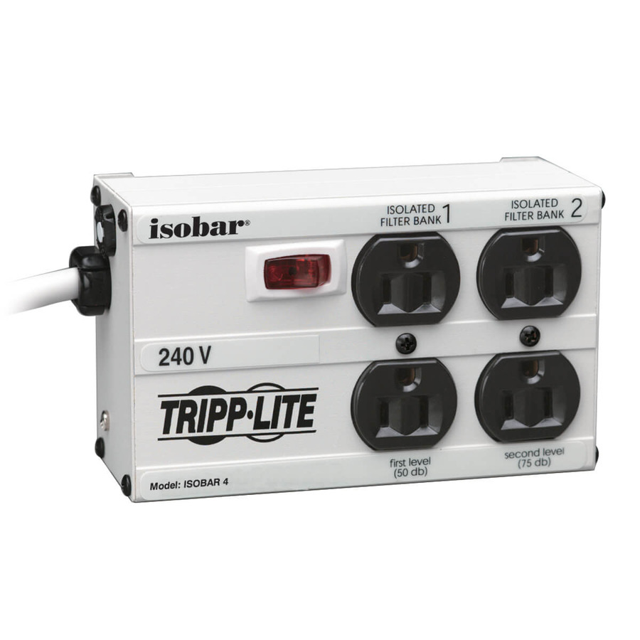 Tripp Lite IB4-6/220 Isobar 4-Outlet 230V Surge Protector, 6 ft. (1.83 m) Cord with Right-Angle Plug, 330 Joules, Metal Housing